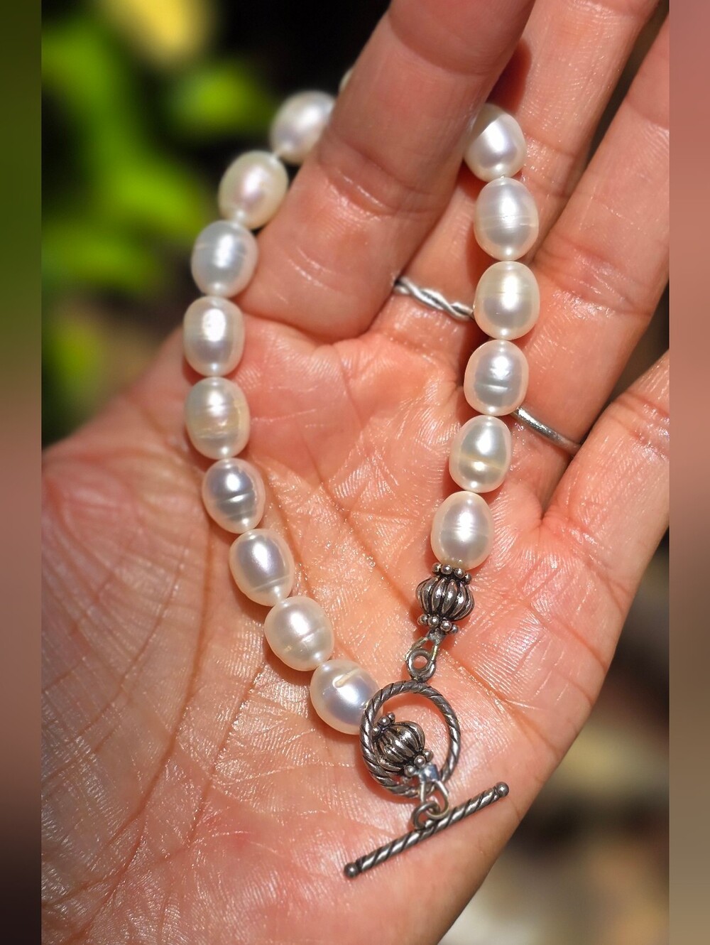 Stunning freshwater pearl toggle clasp 925 sterling silver chunky bracelet
